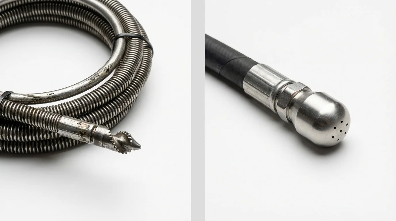 Drain snake cable and hydro jetting nozzle used for drain cleaning in Spencerville, MD