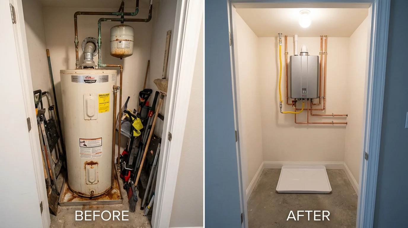 Tank water heater versus wall-mounted tankless unit comparison for Spencerville, MD homeowners
