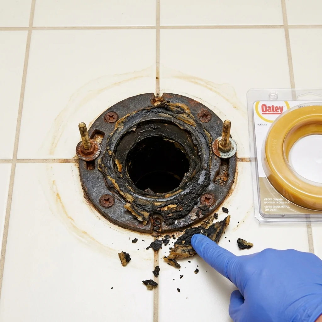 Failed wax ring showing water seepage at the base of a toilet in a Spencerville, MD home