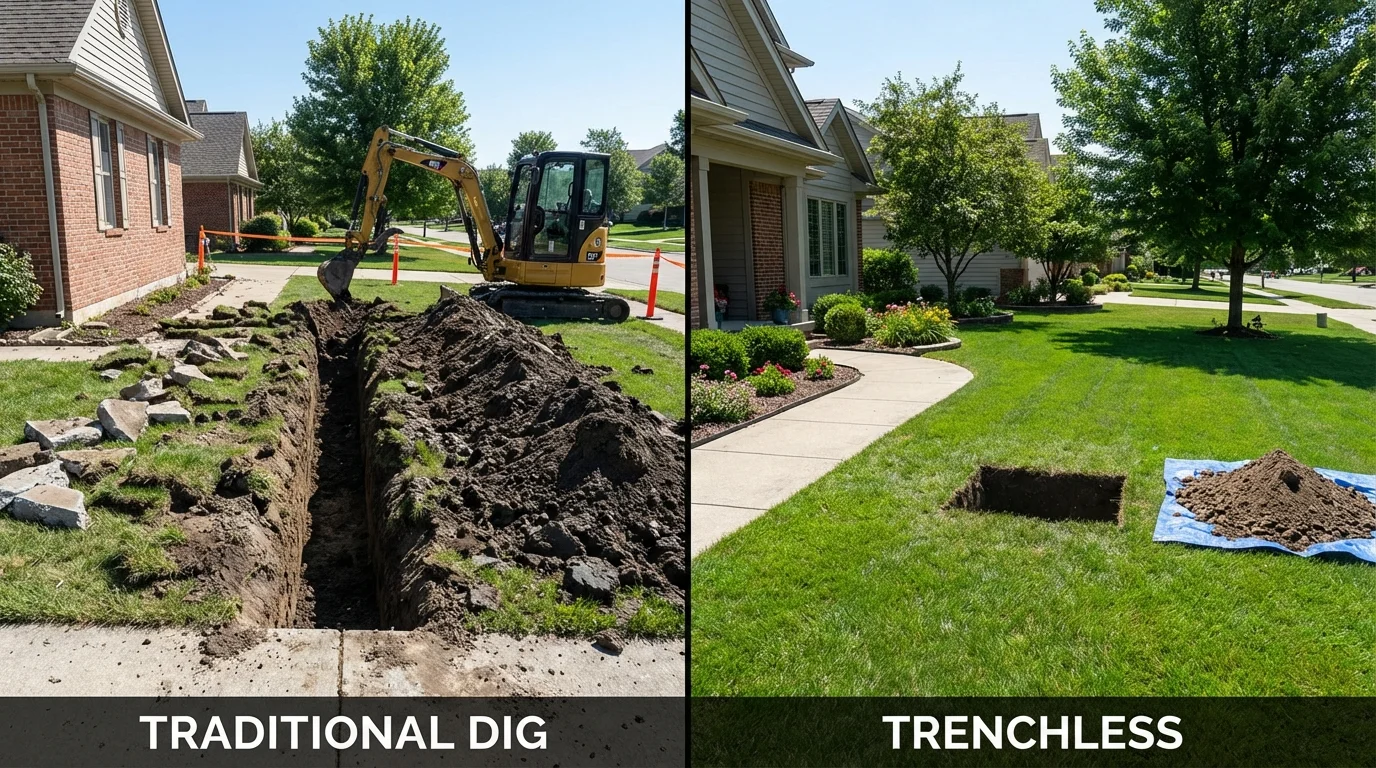 Trenchless sewer repair with minimal yard damage versus traditional excavation in Spencerville, MD