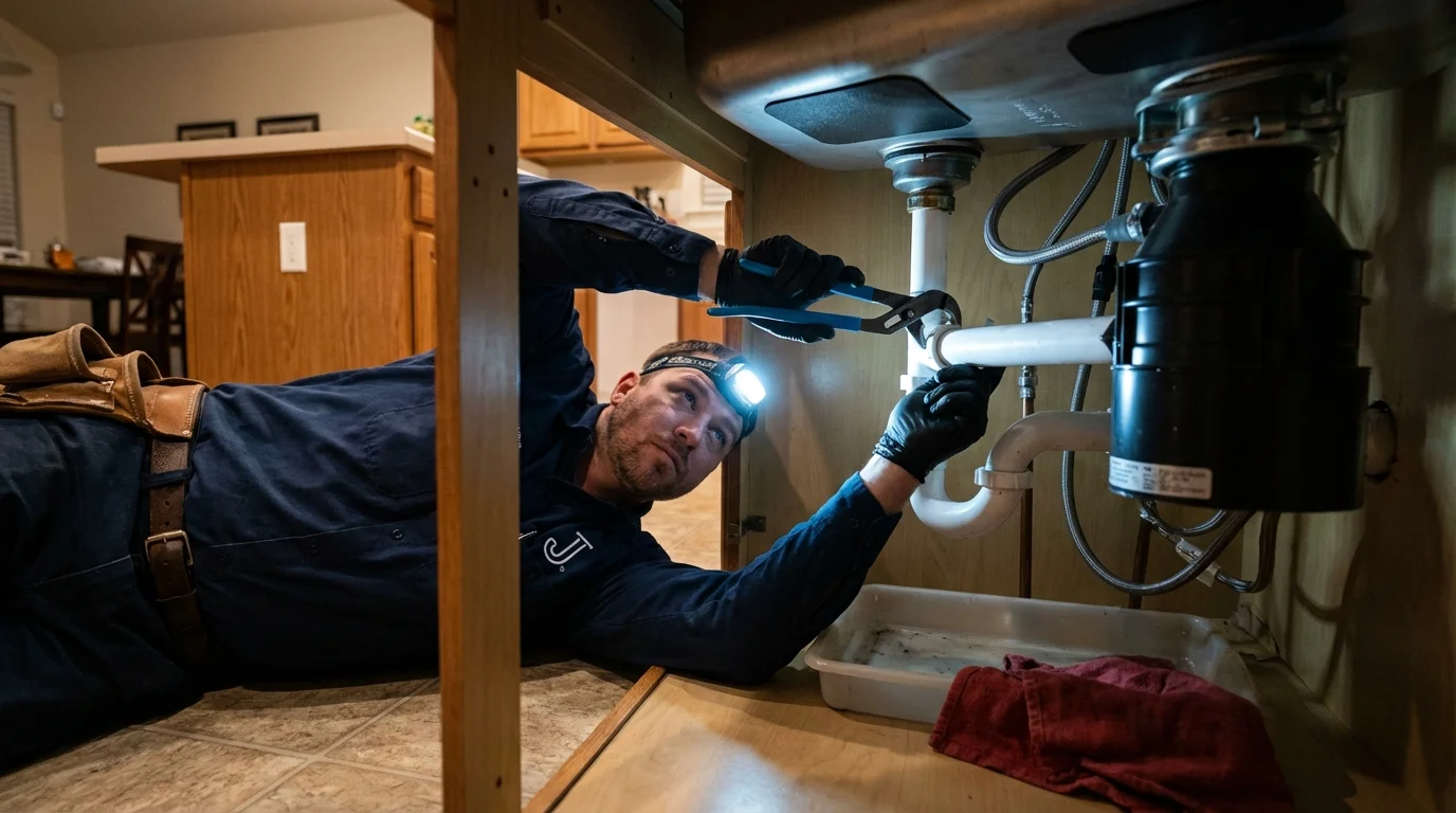 P-trap and supply line connections under a kitchen sink showing a common leak point in Spencerville, MD